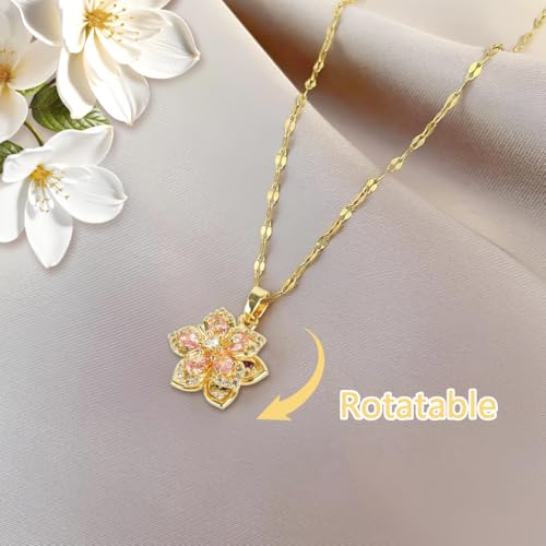 Image of Zibuyu Dainty Flower Chains for Women Stylish Rotatable Blossom Pendant | Necklace for Women, Stainless Steel Adjustable Golden Redbud Flower Choker Jewelry Gift