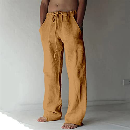 Cotton Linen Pants for Men Summer Elastic Waist Yoga Beach Drawstring Sweatpants Casual Baggy Fit Breathable Trousers2