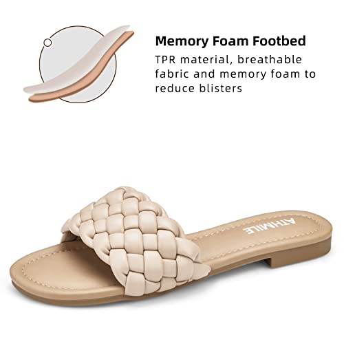 Image of ATHMILE Braided Sandals for Women, Open Toe Flat Summer Slides, Nude Sandal | Woven braided upper with round open toe design, lightweight flat style for beach trips, vacations, and summer outfits.
