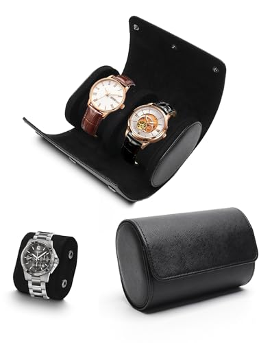 TINGSING 2 Fentes Boîte à Montres en Cuir Rouleau de Rangement pour Montre Affichage Portable Etui à Montres Homme Femme Support Amovible pour Coffret Bijoux Bracelets Cadeau Noël Anniversaire (Noir)
