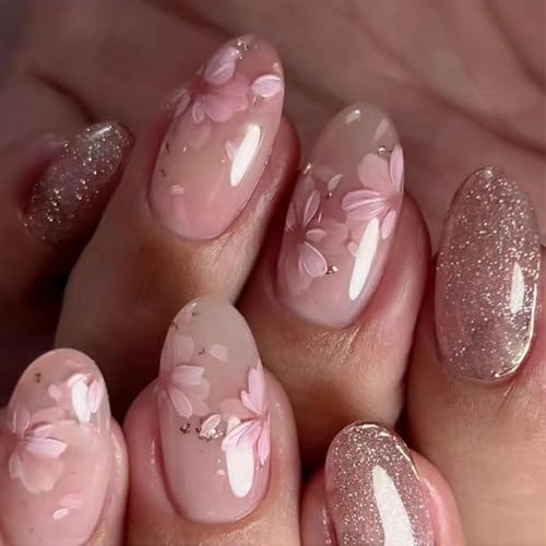 Image of Pink Flower Press on Nails Nude Fake Nails with Gold Line Design Glitter Full Cover Glue on Nails Reusable Artificial Acrylic Glossy Spring Stick on Nials Short Almond False Nails for Women manicure