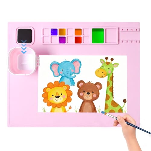 AWOKE Silicone Painting Mat | 20x16 No-Spill Art Mat with Quick-Attach Magnetic Water Cup 12 Paint Wells & Palettes | Washable Table Protector for Toddlers & Kids Gifts (Pink)