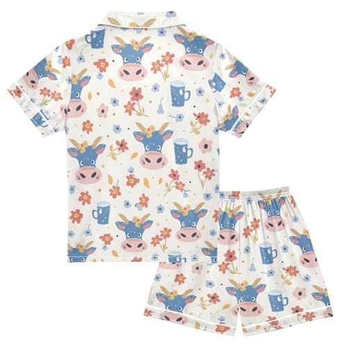 ALAZA Cute Cow Floral Flower Pajamas Satin Pajama Set Short Sleeve Button Down Sleepwear2
