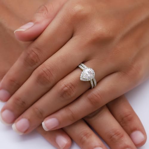 Halo Engagement Bridal Ring Set For Women 9X6MM Pear Center And Round Cut Lab Created Moissanite & Lab Grown Diamond Teardrop In 925 Sterling Silver,10K & 14K Solid Gold Wedding Jewelry 2 Cttw3