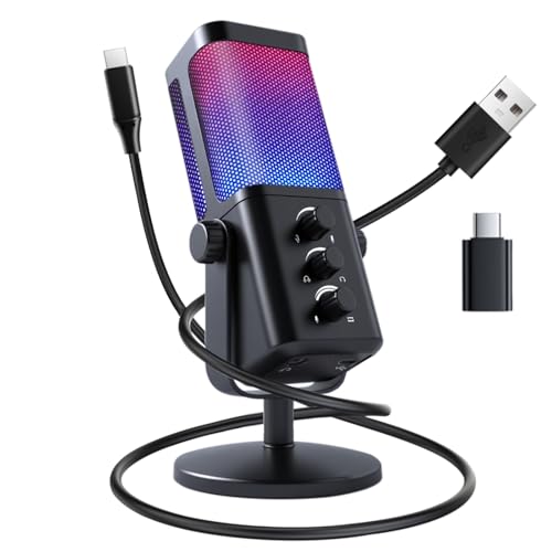 VCOM USB Microphone for PC, RGB Gaming Microphone with Mute Button, Gain Control, Monitoring...
