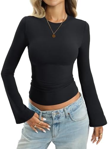 Women Cotton Bell Long Sleeve Shirts Round Neck Fitted Shirt Tren...