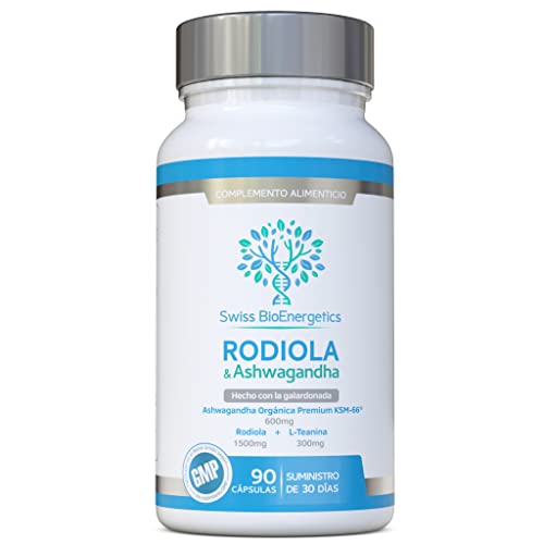 Rhodiola y Ashwagandha con L-Theanine – Ashwagandha KSM-66 600 mg y Rhodiola 1500 mg (3% Rosavins, 1% Salidrósidos) Adaptógeno todo en raíz equivalente, 90 cápsulas
