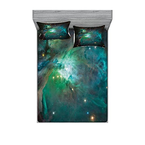 Ambesonne Space Fitted Sheet & Pillow Sham Set, Majestic Orion Nebula Dust Cloud Celestial Energy Plasma Astronomical Object Picture, Decorative Printed 6 Piece Bedding Decor Set, Full, Green Teal