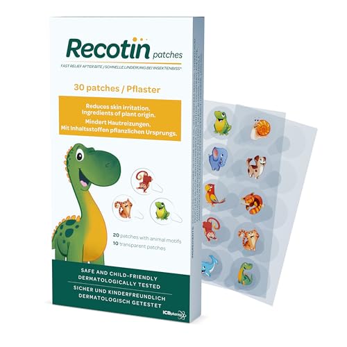 RECOTIN Parches Antimosquitos 30 Piezas - 100% Ingredientes Naturales - 20 Parches con Motivo Animal, 10 Transparentes - Ideal para Niños y Adultos
