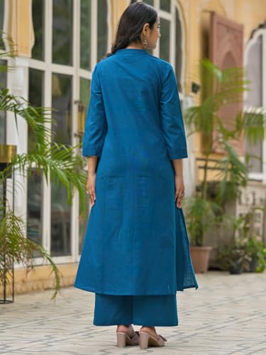 Image of INDO ERA Women's Pure Cotton Floral Embroidered A-Line Kurta & Palazzo Set (IEOUT11996)