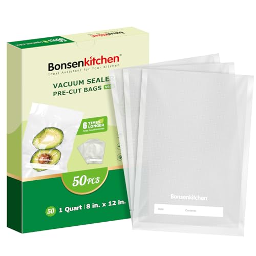 Bonsenkitchen Vacuum Sealer Bags, 50 Quart 8' x 12' Precut Food Sealer Bags, Commercial Grade, BPA Free, Heavy Duty, Customized Size Vacuum Bags for Vac Storage, Meal Prep or Sous Vide Cooking, VB12