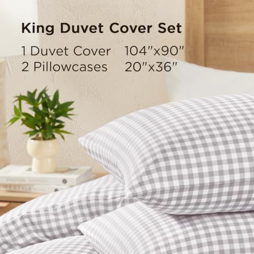 Image of Andency Gingham Duvet Cover King Size, Light Grey Checkered Plaid Bedding Set, 3 Pieces Soft Prewashed Microfiber Comforter Cover with Zipper Closure & Corner Ties