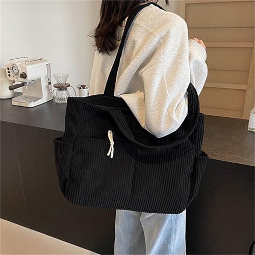 Image of Corduroy Tote Bag for Women, Multiple Pockets Large Hobo Shoulder Bag for Office & Shopping, Zipper Casual Handbags