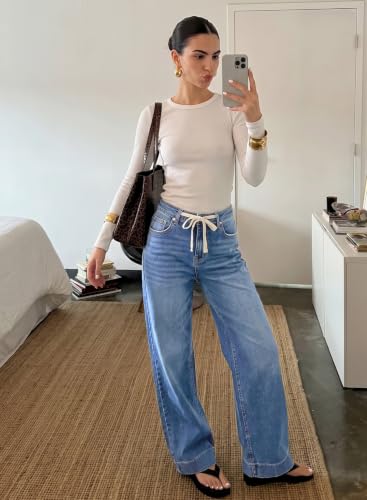 Image of Sidefeel Women's High Waisted Straight Leg Jeans Drawstring Denim Pants