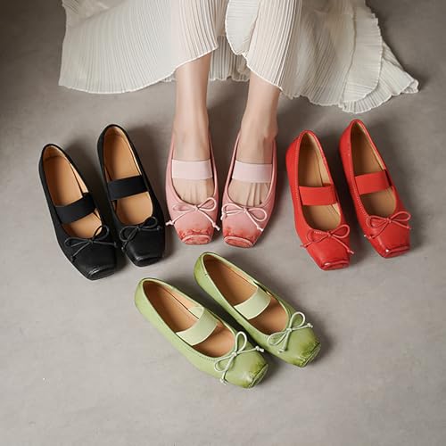 Leather Ballet Flats Shoes for Women Dressy Square Toe Bow Mary Jane Flats with Elastic Band Comfort Casual Walking Shoes2