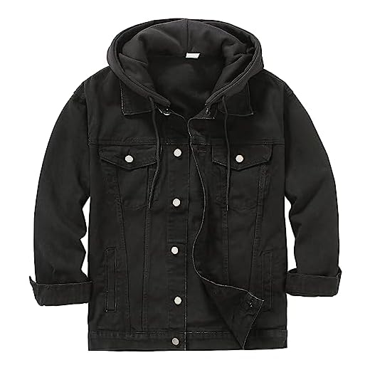 DOSLAVIDA Jaqueta jeans masculina envelhecida unissex abotoada, casual, manga comprida, estilo caminhoneiro com capuz, B - preto, 3G