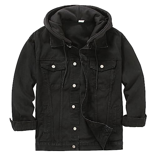 Image of Men's Denim Jacket Distressed Hooded Jean Jackets Baggy Ripped Trucker Coat | Loose Vintage Long Sleeve Denim Hoodie Cotton Button Down Jean Outerwear With Pockets Black Blue Hip Hop Streetwear Casual
