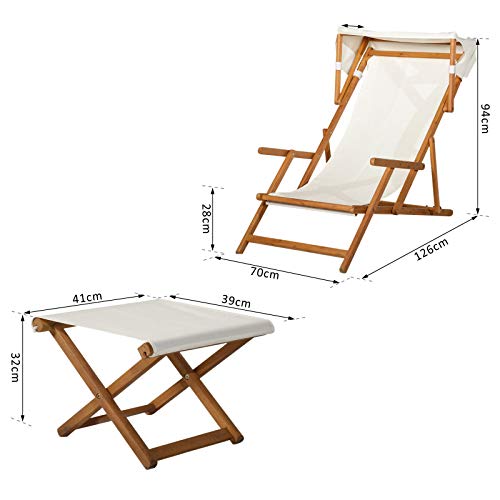 Outsunny Outdoor Garden Wood Frame Folding Deck Chair with Canopy