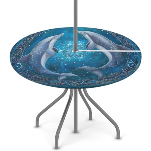 Tablerazzi Mandala Dolphin Round Outdoor Tablecloth with Umbrella Hole and Zipper Fitted Tablecloth Wipeable Table Cloth Table Cover for Picnic Garden, 36''-44''