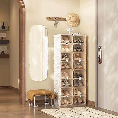 Image of ANTBOX Shoe Organizer Storage Box, Portable Folding Shoe Rack For Closet With Magnetic Clear Door,Large Sneaker Cabinet Bins Sturdy Easy Assembly 8 Layers-16 Grids