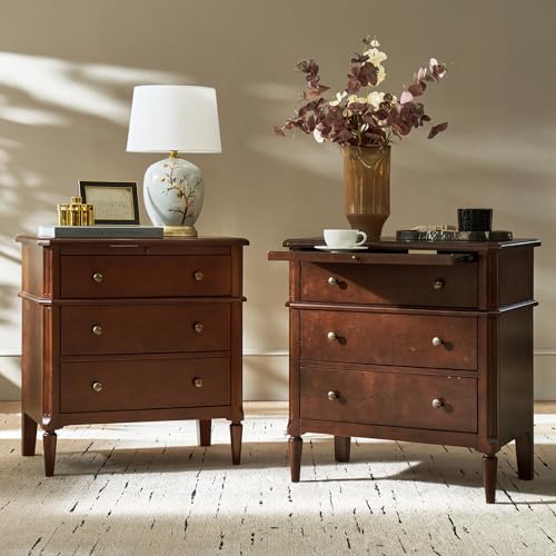 HULALA HOME 30 Inches Side Table with Charging Station, Set of 2, Walnut
