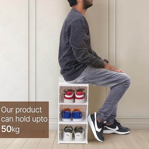 Image of ABOUT SPACE 3 Layer Plastic Shoe Rack |Foldable Shoe Organizer Storage Box|Collapsible Shoe Rack for Sneakers, Boots|Multipurpose Cabinet Organizer for Shoe, Slippers,Books (White 25.5 x 34.5 x 53 cm)