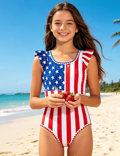 Image of Girls Swimsuit Ruffled Square Neck Color Contrast Trim One Piece Bathing Suit Geometric Girls' Swimwear 9-16Y
