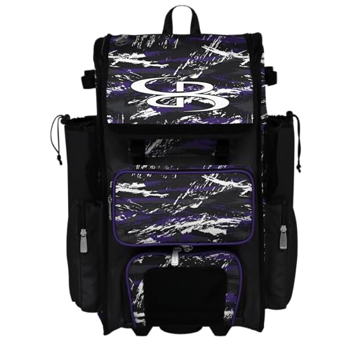 Boombah Rolling Superpack Baseball/Softball Gear Bag - Telescopic Handle - Holds 4 Bats - Wheeled Version - Razor Black/Purple/White
