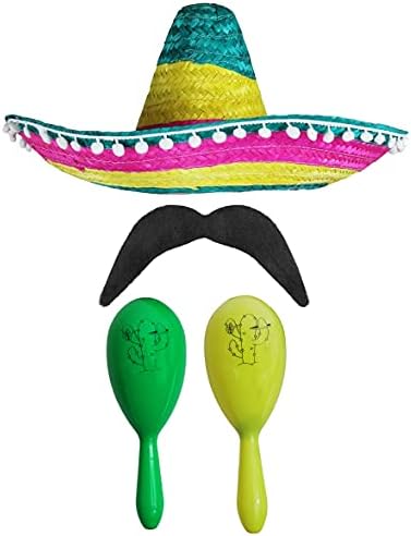 MEXICAN FANCY DRESS ACCESSORY SET - MEXICAN SOMBRERO WITH MARACAS AND TASH BLACK POM POM SOMBRERO + 2X GREEN MARACAS