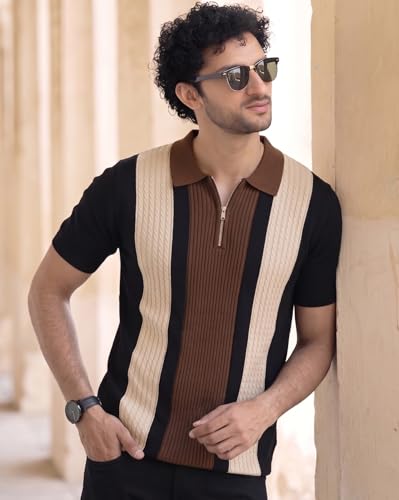 Image of AUSK Men's Zip Collar Polo Tshirt | Cotton Rich Material | Half Sleeves | Modern Knit Panel Work | Regular Fit