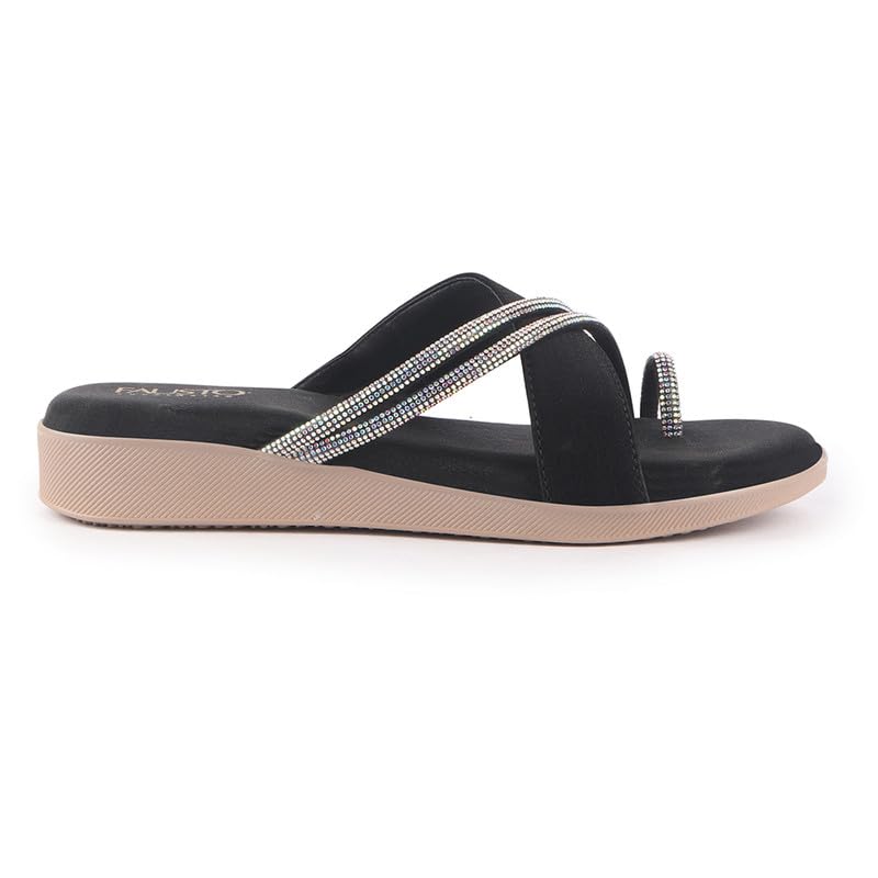 Image of FAUSTO Women Embellished Shimmery Cross Strap Toe Ring Wedding Slip On Slippers | Soft Cushioned Footbed Wedge Sandals | Party, Mehndi, Festive