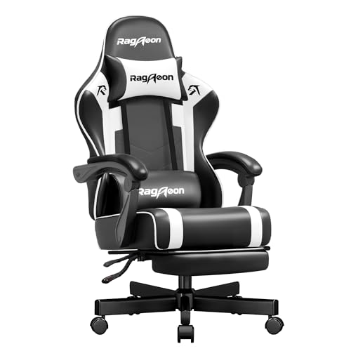 Riftracer Gaming Stuhl Chair Gamer Sessel - Ergonomischer Gamer Stuhl mit Fußstütze Kopfstütze und Lordosenstütz Höhenverstellbar Gepolstert Gamingstuhl 150 Kg Tragkraft PC Sessel Drehsessel Schwarz