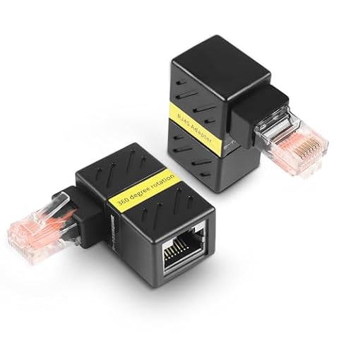HATMINI Adapter Ethernet 360 stopni, gigabitowy kąt 90 stopni, adapter przedłużający LAN Cat5 Cat6, 1000 Mb/s RJ45 8P8C męskie na żeńskie złącze do komputerów, laptopów, routerów