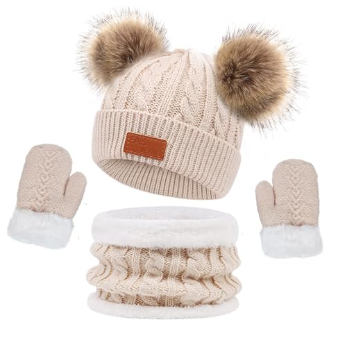 ACTLATI Kids Winter Hat Scarf Gloves Set Knitted Hat Neck Warmer with Cute Pom Pom for 1-6 Years Children Boys Girls