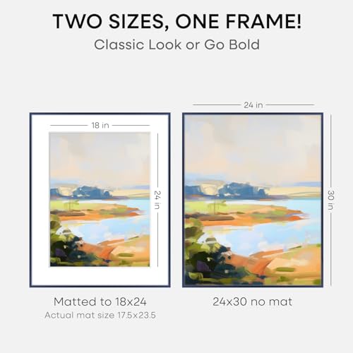 Image of Homeforia 24x30 Frame Navy Blue, High End Metal 24x30 Picture Frames with Mat 18x24 Photo, 24 x 30 Thin Navy Blue Poster Frame Matted to 18 by 24, 30x24 Large Frame, Tempered Glass, Wall Kit, Set of 1