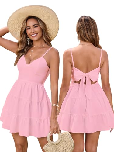 Image of HTZMO Women Summer Floral Mini Sundress Bow Tie Short Dress | V Neck Backless Ruffle A Line Flowy Cute Dresses, Boho Beach Casual Vacation Homecoming Graduation 2026