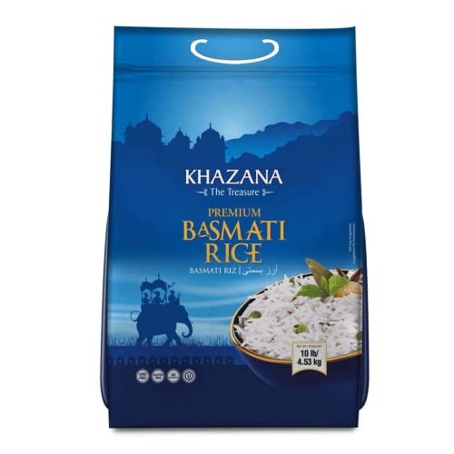 Khazana Authentic Premium Basmati Rice - 10Lb Resealable Zipper Bag | Non-Gmo, Gluten-Free, Kosher & Cholesterol-Free | Aromatic & Flavorful Grain From India #TOP19