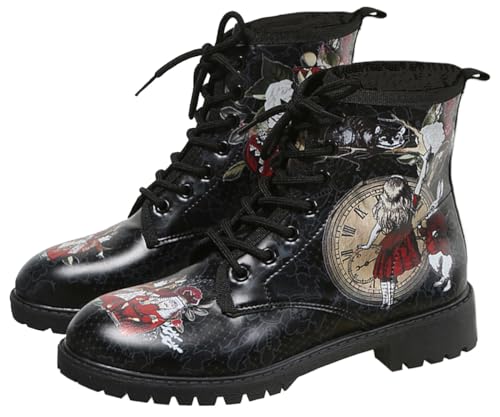 Ulalaza Botas de mujer con punta redonda y tacones de bloque, botines de plataforma gótica con cordones, botas Punk, botas cortas de cuero con estampado Multicolor