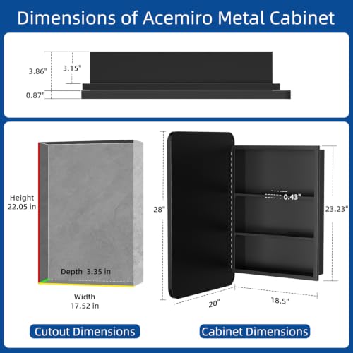 Image of ACEMIRO 20x28 Inch Black Recessed Bathroom Medicine Cabinet with Mirror Metal Framed Farmhouse Surface Wall Mounted Mirrored Bathroom Medicine Cabinets