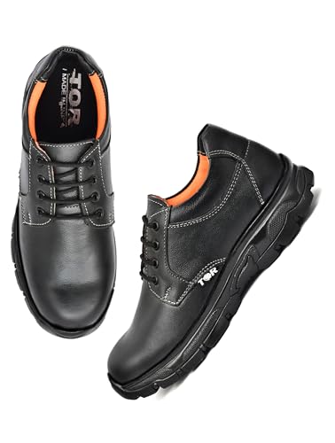 Image of TOR Men's Industrial Genuine Leather Safety Shoes - Steel Toe and Lightweight (Black)