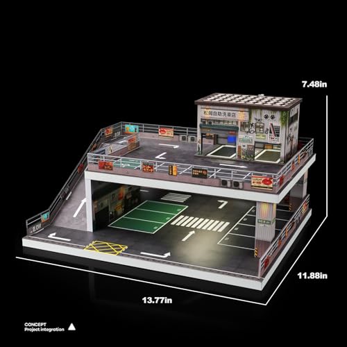 Image of kivmcds Display Case for Hot Wheels Matchbox Toy Car Monster Truck,Lighted Ramp Scene Diorama Garage Parking for 1 /64 Diecast Car,Maximum Hold 40+ Cars (Self-Service Car Wash)