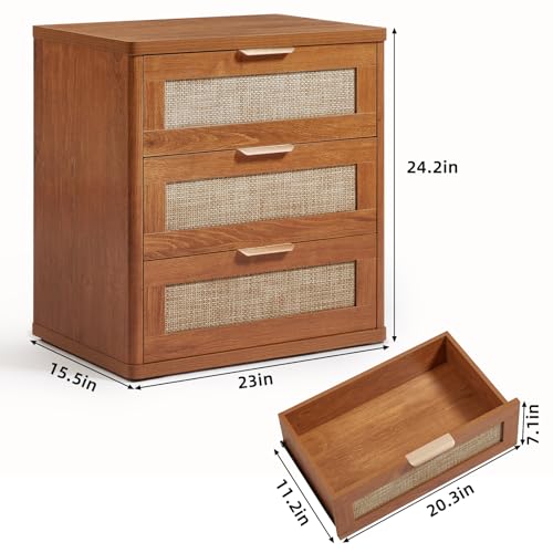 Image of LEYAOYAO Rattan Night Stand Set of 2 with Drawers, 23 inch Large 3 Drawer Boho Nightstand, Natural Wood Bedside Table Storage Cabinet, Bed Side End Tables Dresser for Bedroom, Living Room, Hallway, Closet