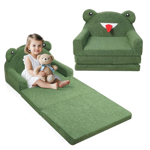 Diary Kids Couch, 2-in-1 Soft Toddler Couch Fold Out, Toddler Chair Comfy, Convertible Sofa to Lounger with Frog Designs, Green