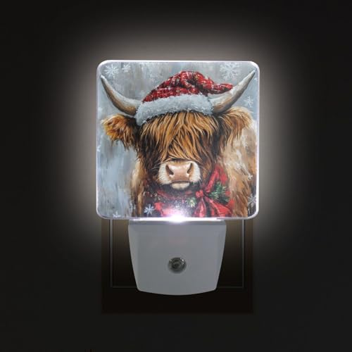 Image of Christmas Highland Cow Night Lights 2 Pack Plug-in Wall Led Nightlight Auto Dusk-to-Dawn Sensor Lamps for Bedroom Kitchen Bathroom