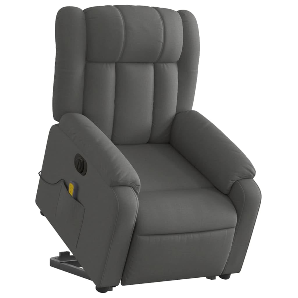 Sillón elevador eléctrico con masaje de 6 puntos y reclinación automática, gris oscuro de tela, función elevación y vibración, estructura estable de madera
