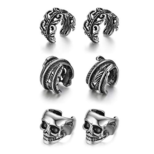 3pairs Stainless Steel Handmade Non-Piercing Earring Cuffs,Clip on Cartilage Piercing Earrings,Skull, Feather Charm for Halloween Cosplay