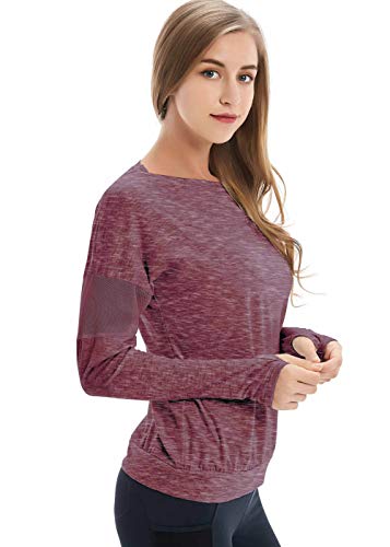 Yucharmyi Women's Long Sleeve Shirts Mesh Yoga Tops Workout Shirts Gym Sports T-Shirt with Thumb Hole Yoga Tanks Workout Clothes for Women Yoga Shirts Activewear Quick Dry Tops(Red,S)