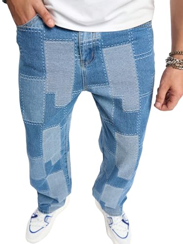WDIRARA Men's Colorblock High Waist Denim Pants Straight Leg Jeans with Pockets