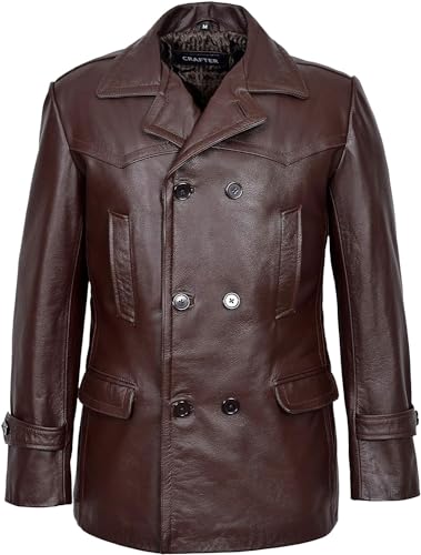 Image of Crafter Men's Kriegsmarine German Ww2 Dr Who Reefer Hide Leather Jacket Coat Four Button Leather Car Coat - Pea Coat for Mens