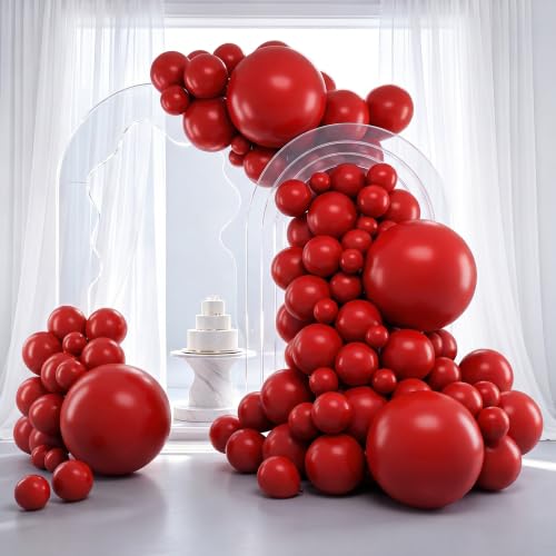 Image of RUBFAC 129pcs Ruby Red Balloon Arch Kit, Different Sizes 18 12 10 5 Inches Cherry Red Burgundy Balloons for Garland Birthday Wedding Party Decorations